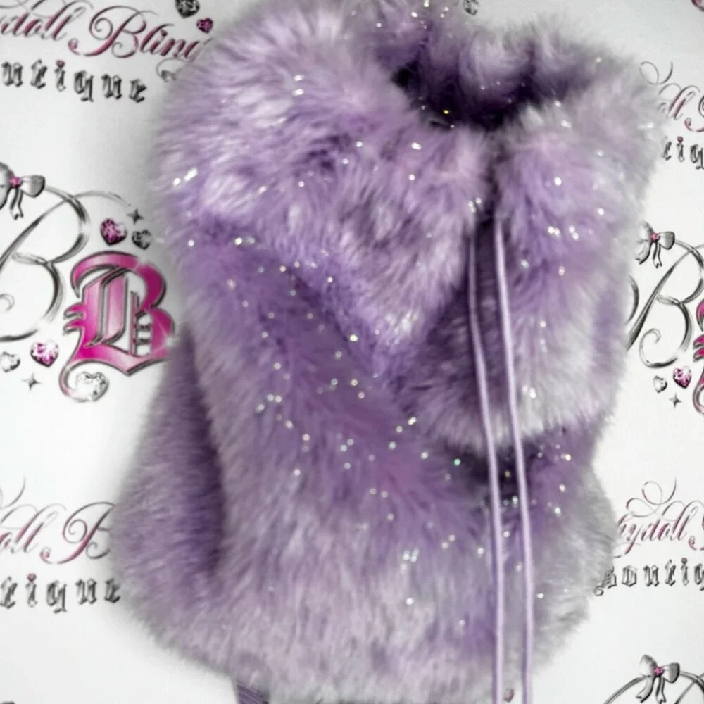 Furry backpack sparkly shimmer purple holographic Pom poms Faux Fur Backpack